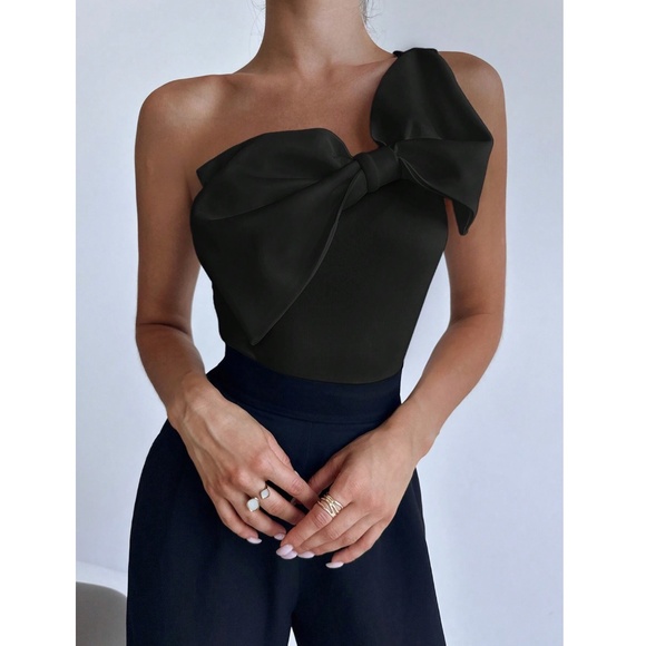 Black Large Bow One Shoulder Bodysuit Slim Fit Asymmetrical - Picture 2 of 14